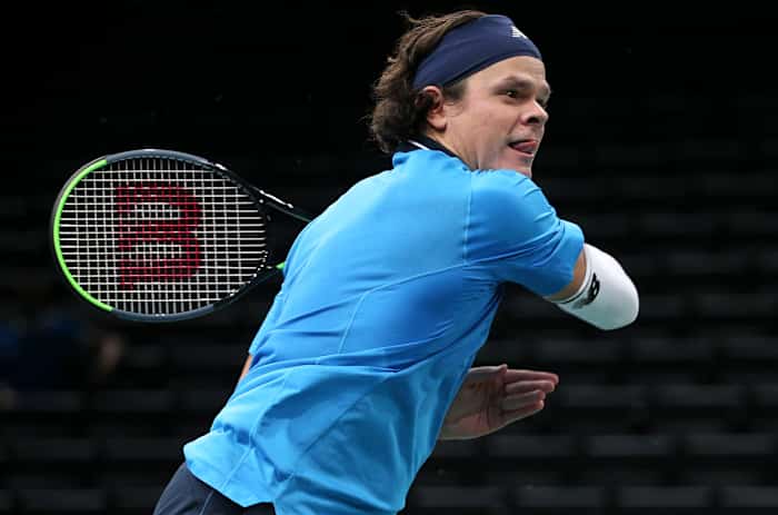 PARIS, FRANCE - NOVEMBER 4: Milos Raonic of Canada during hi match against Pierre-Hugues Herbert of France on day 3 of the Rolex Paris Masters, an ATP Masters 1000 tournament held behind closed doors at AccorHotels Arena formerly known as Paris Bercy on November 4, 2020 in Paris, France. (Photo by Jean Catuffe/Getty Images)